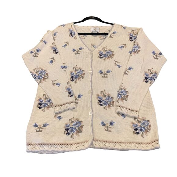 Vintage Weathervane Womens Handknit Crochet Trim Button Up Cardigan M Floral - Picture 8 of 8